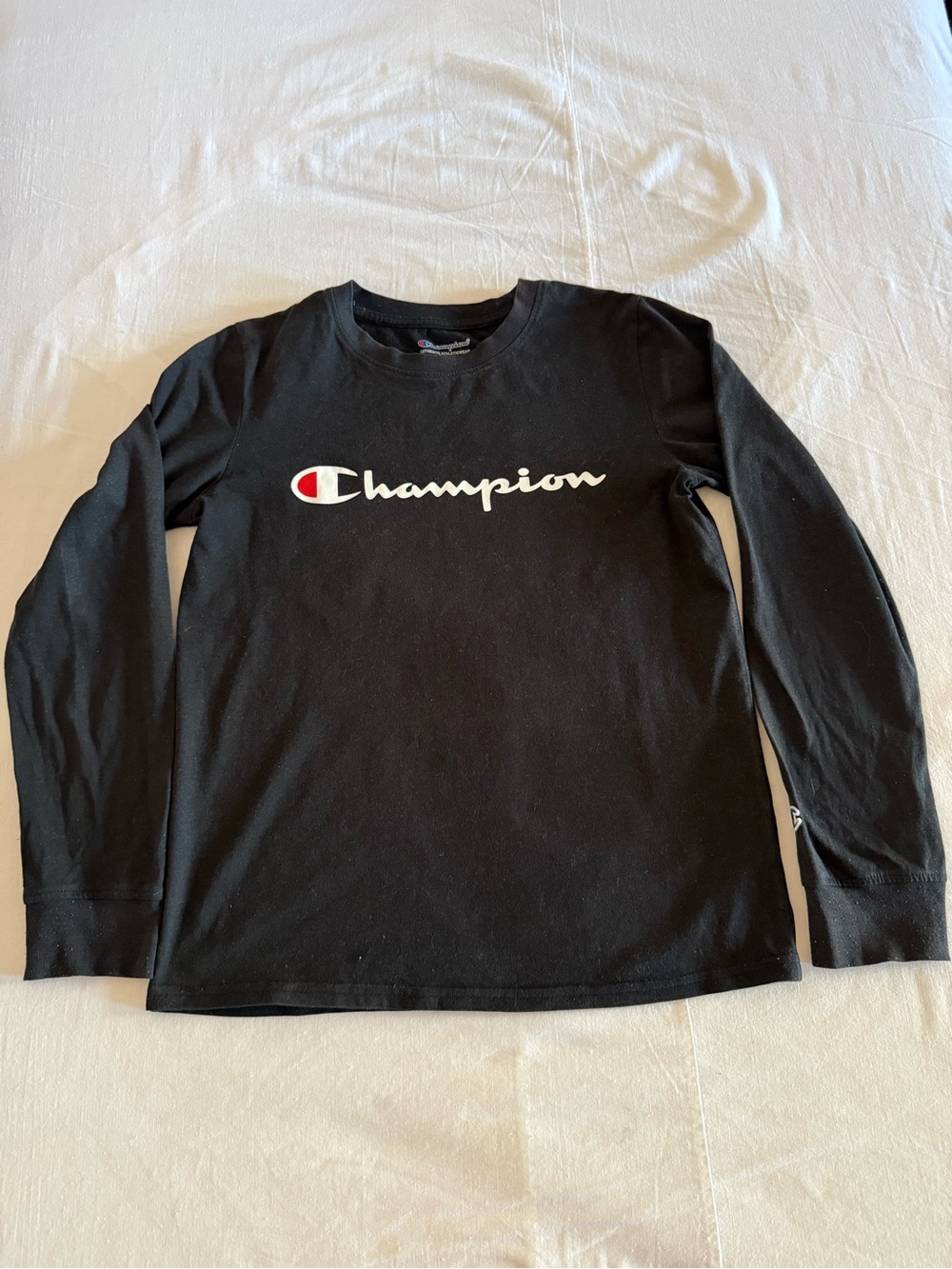 Champion Boys Black Classic Script Logo Long Sleeve T Shirt Youth Large L